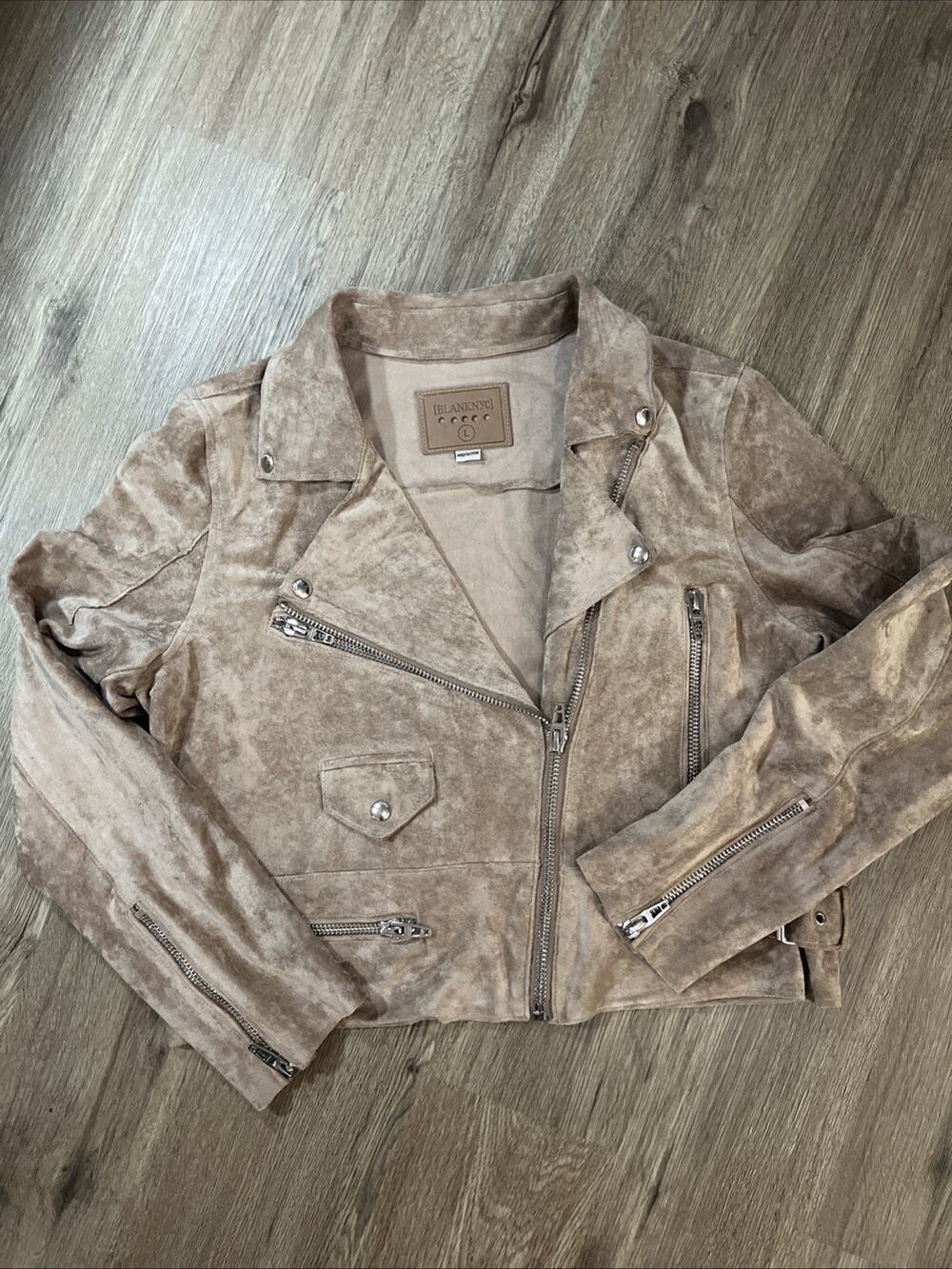 BLANK NYC Suede Jacket Womens Moto Biker Zip Leather in Large - Sand Brown